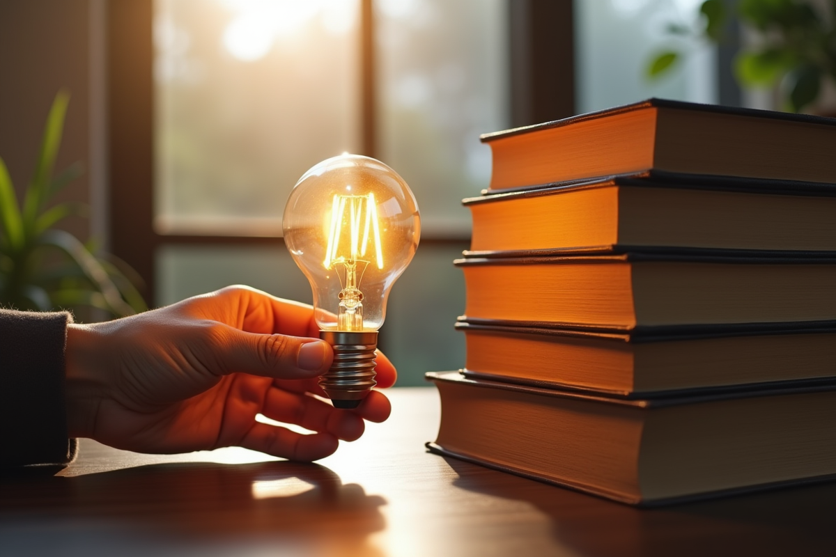 Main tenant une ampoule lumineuse avec livres vintage dans un espace moderne