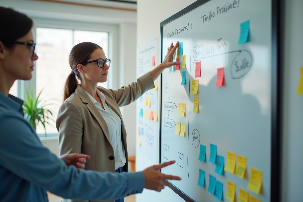 Deux collègues en brainstorming devant un tableau blanc coloré