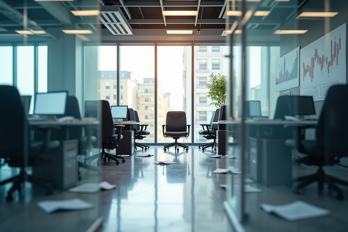 Bureau d'entreprise fermé avec chaises vides et papiers dispersés