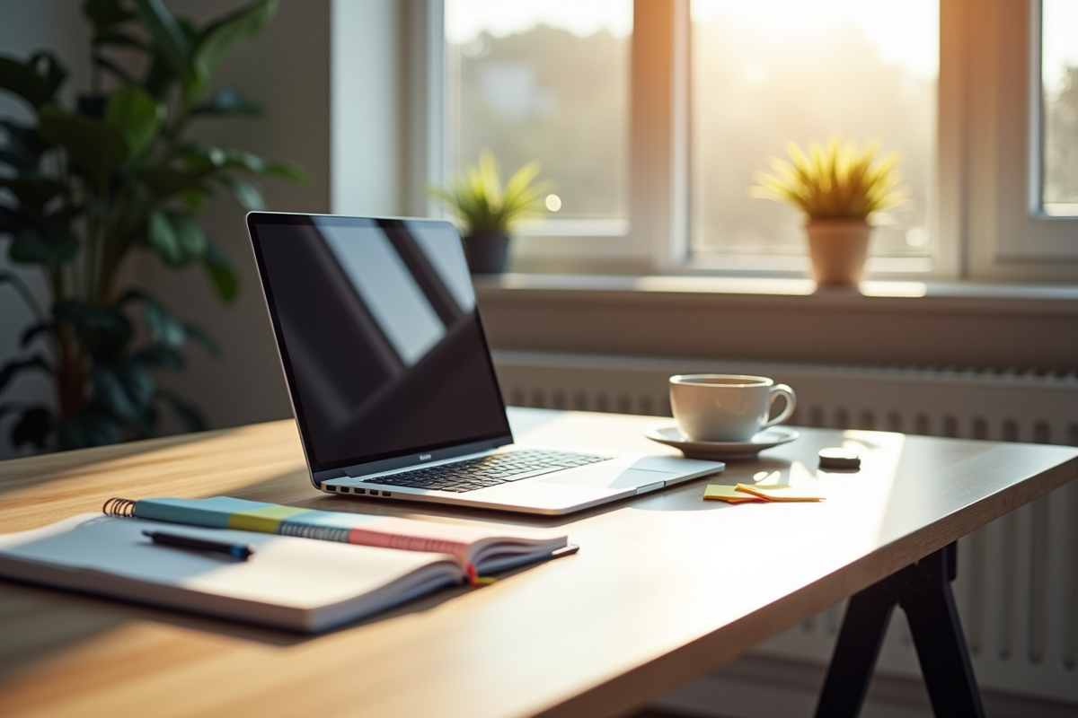 Bureau moderne avec ordinateur portable et notes colorées