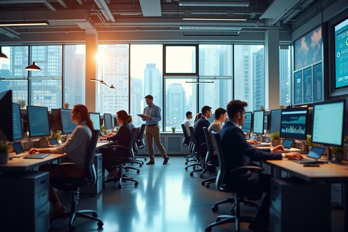 Bureau moderne avec professionnels collaborant sur ordinateurs