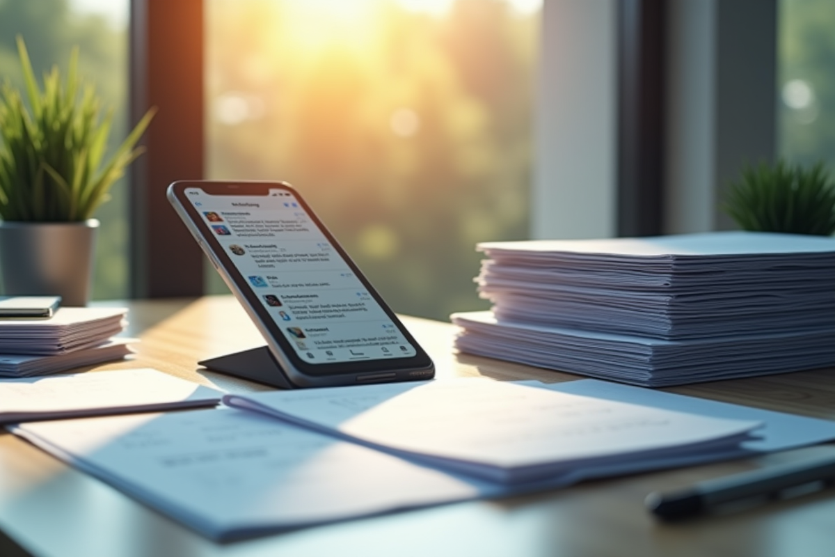 Bureau moderne avec téléphone et documents de travail