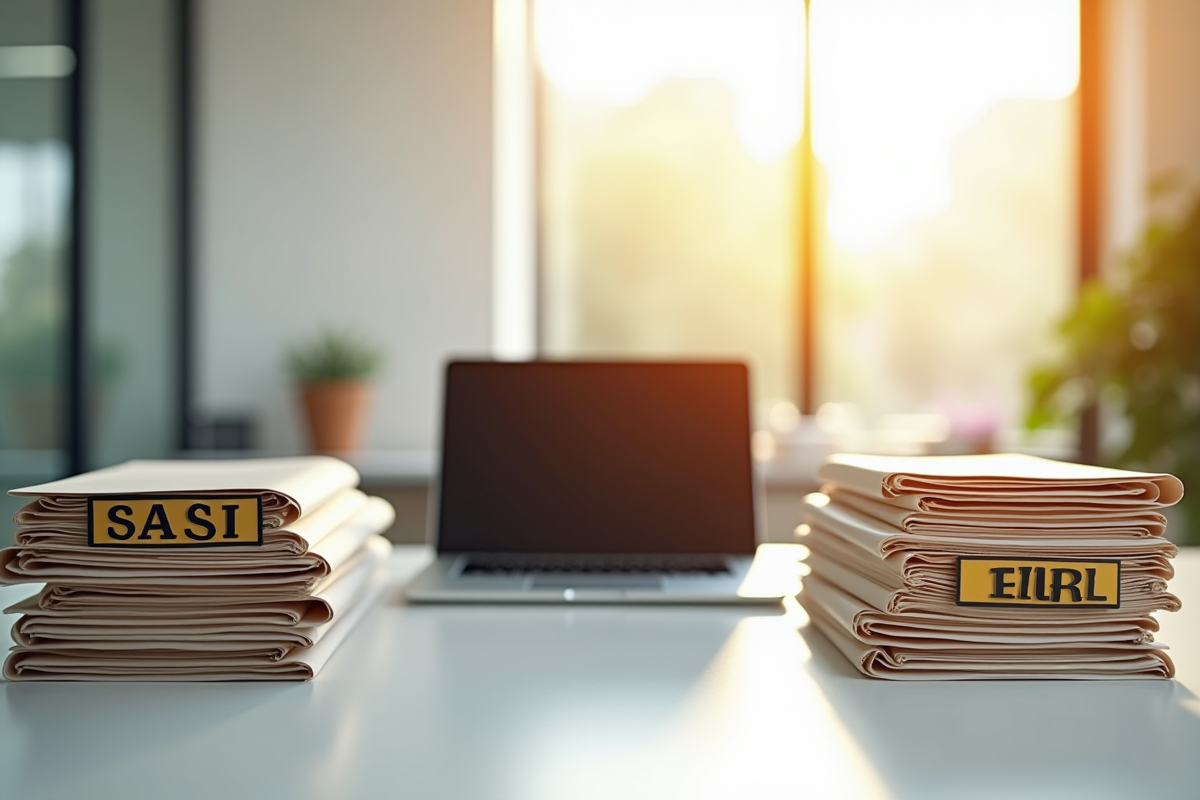Bureau moderne avec dossiers SASU et EURL et ordinateur lumineux