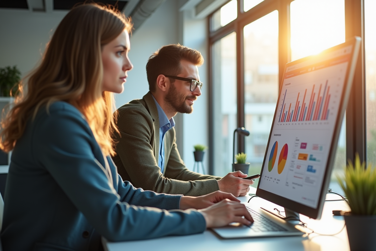 Espace de travail moderne avec deux collègues discutant de données marketing