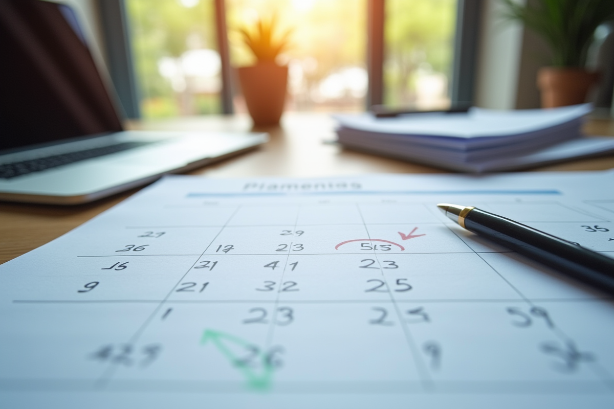 Page de calendrier organisée avec dates de dividendes sur un bureau moderne