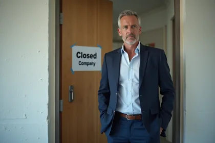 Manager de construction en costume regardant une porte fermée