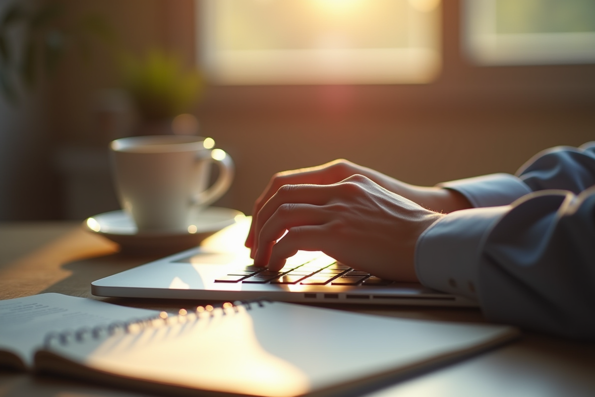 Mains tapant un email collaboratif sur un ordinateur portable
