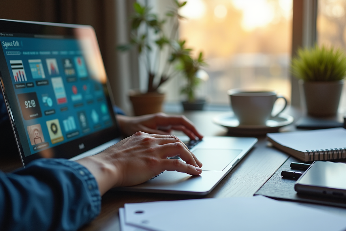 Mains tapant sur un ordinateur avec interface CRM