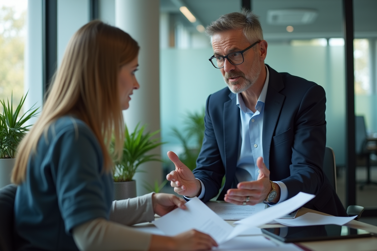 Homme d'affaires parlant à une collègue en milieu de bureau