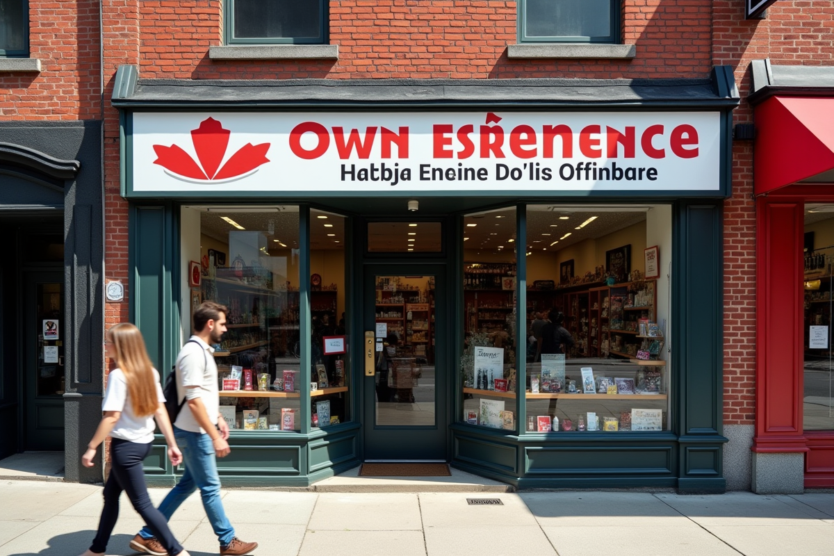 Commerce à Montreal avec enseigne bilingue et passants