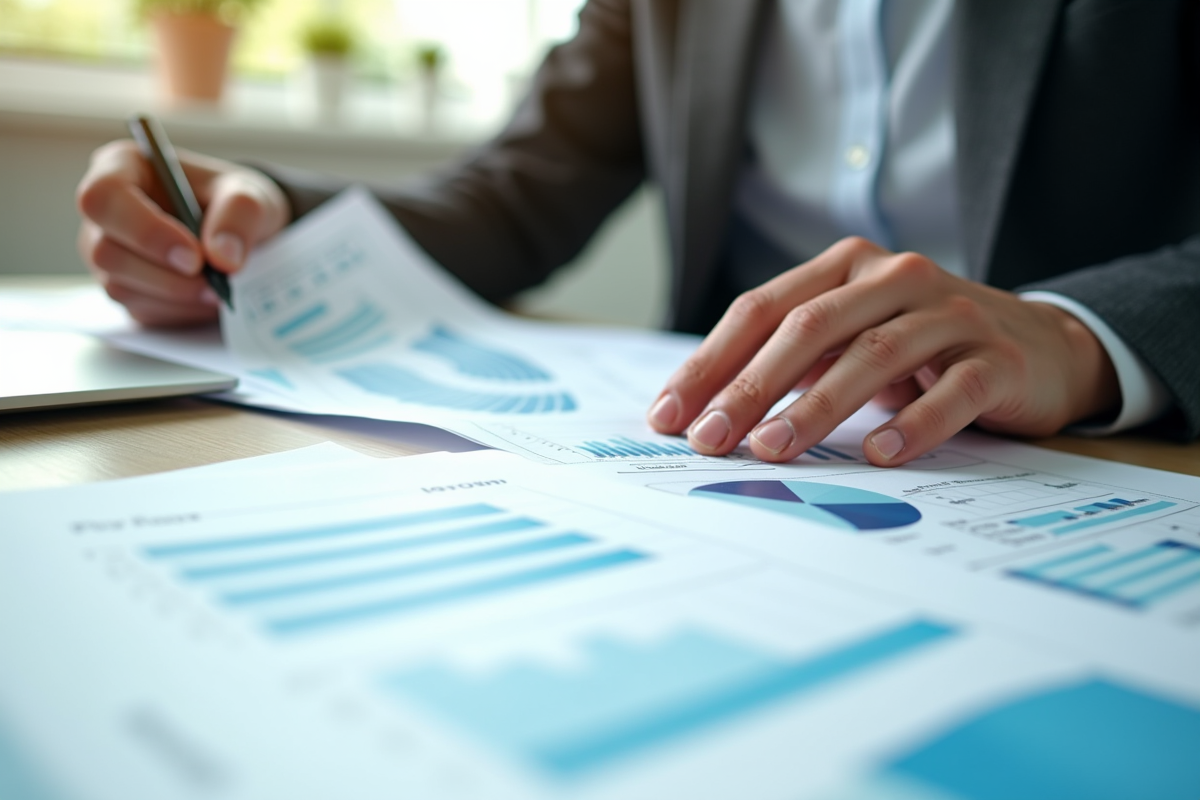 Comptable analysant des documents financiers avec graphiques