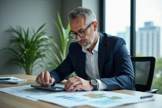 Consultant environnement en costume navy dans un bureau moderne