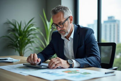 Consultant environnement en costume navy dans un bureau moderne