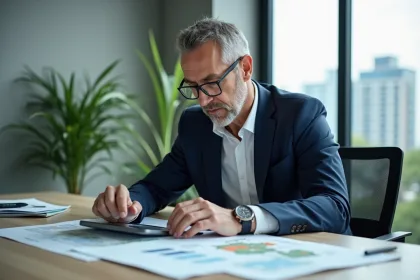 Consultant environnement en costume navy dans un bureau moderne