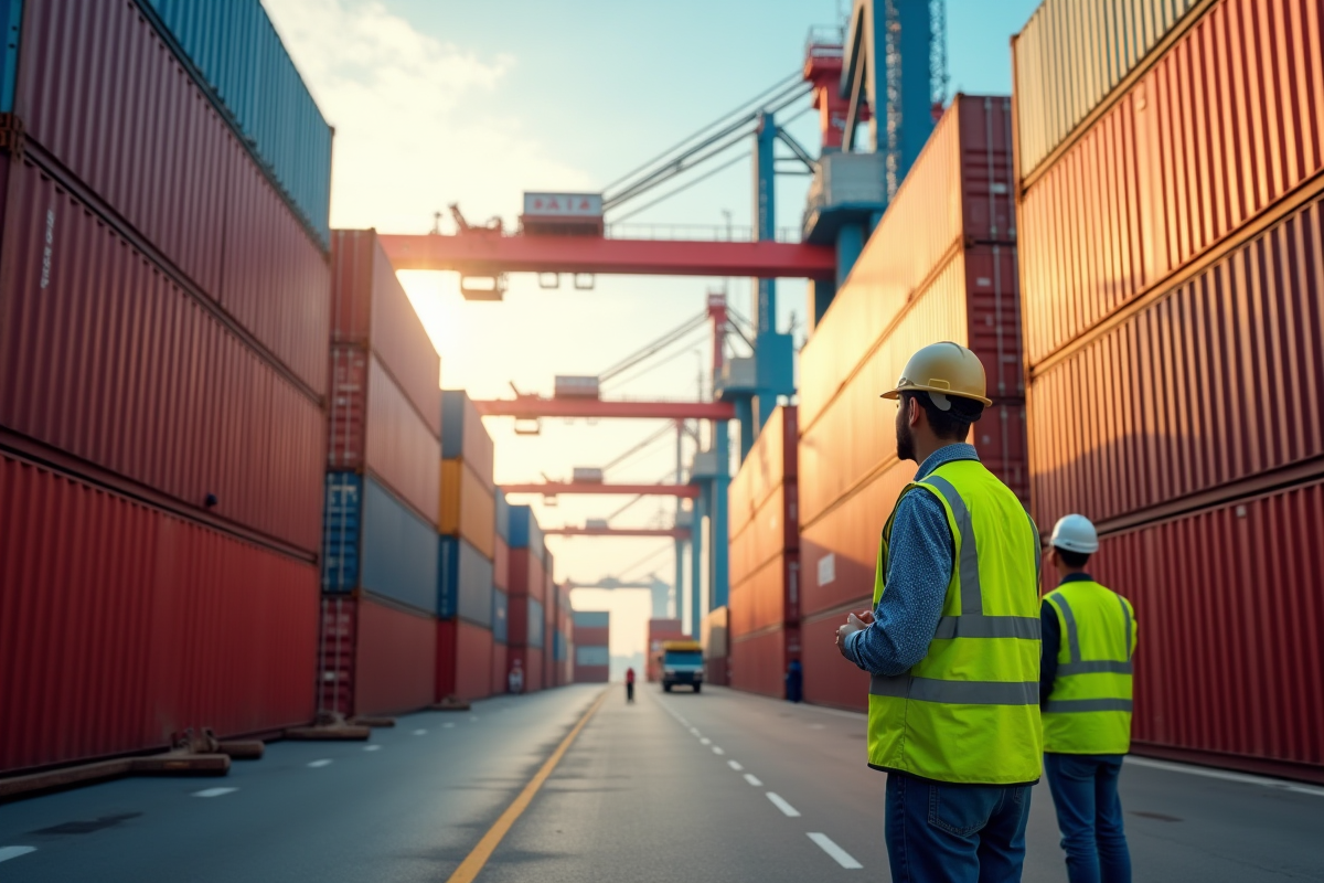 Conteneurs de fret empiles au port avec ouvriers en sécurité