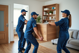 Trois déménageurs en uniforme soulevant un meuble dans un salon moderne