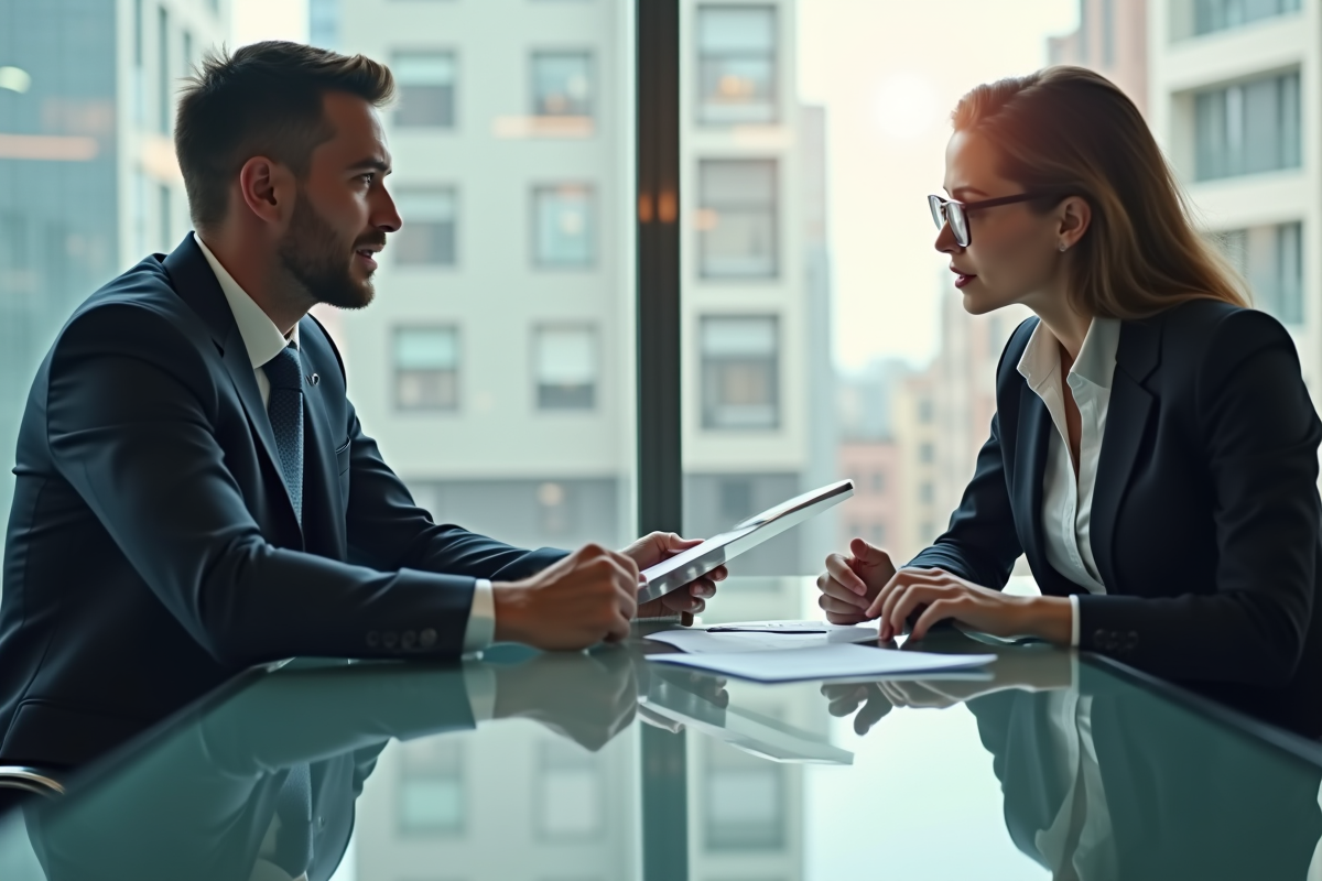 Deux professionnels en réunion dans un bureau lumineux