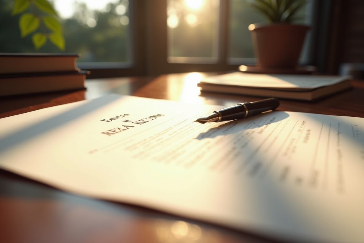 Document juridique français ouvert sur un bureau ensoleille