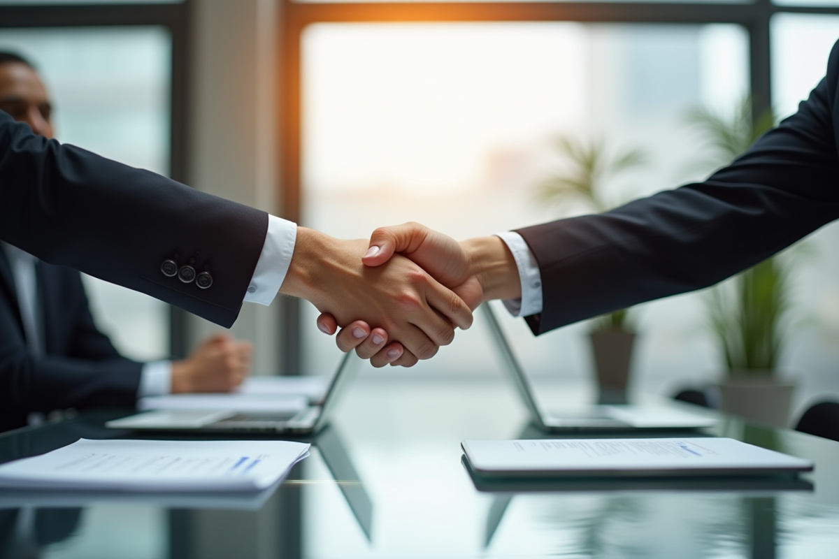 Deux professionnels serrent la main dans un bureau lumineux