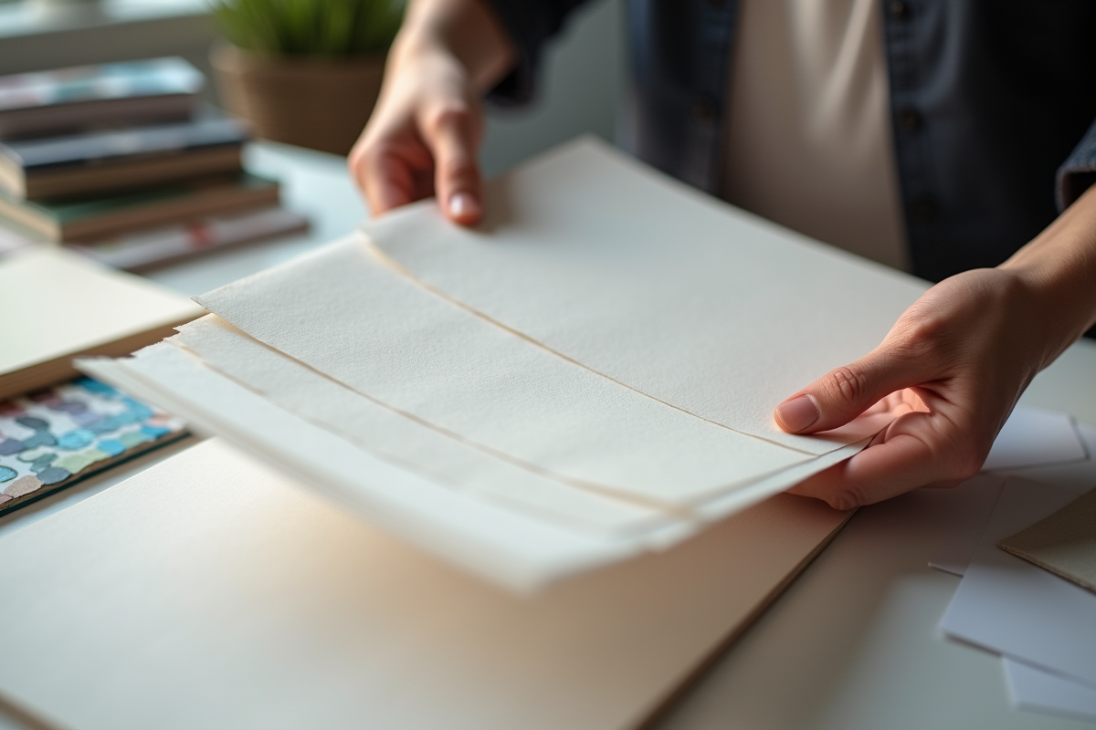 Mains d'un designer comparant des échantillons de papier textures