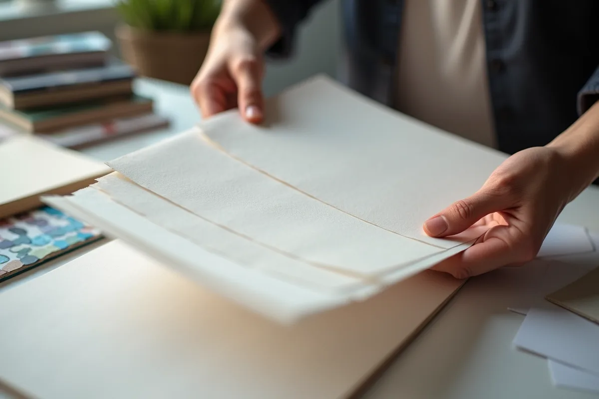 Mains d'un designer comparant des échantillons de papier textures