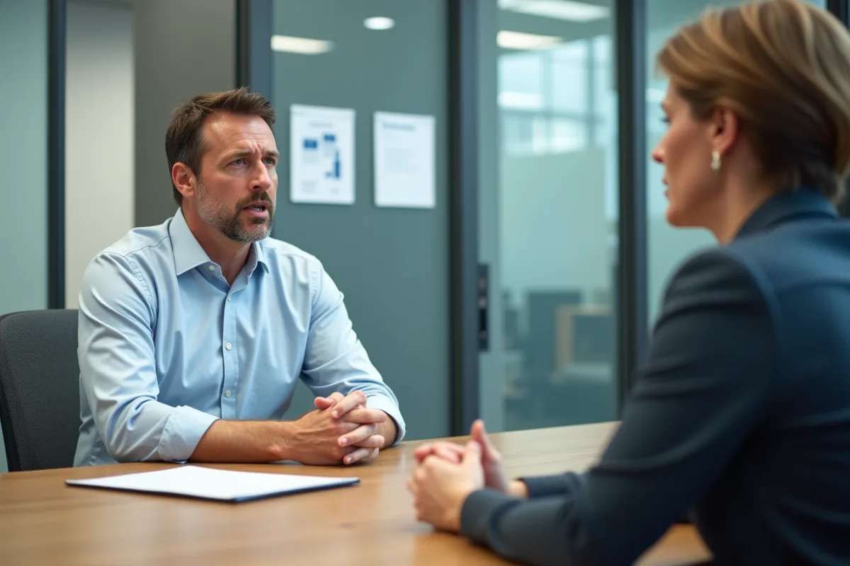 Homme en discussion avec une responsable des ressources humaines