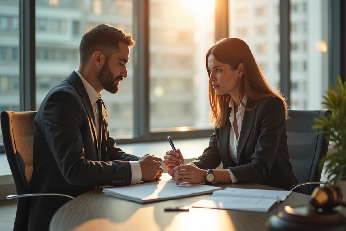 Employeur et employe examinent documents juridiques dans un bureau lumineux