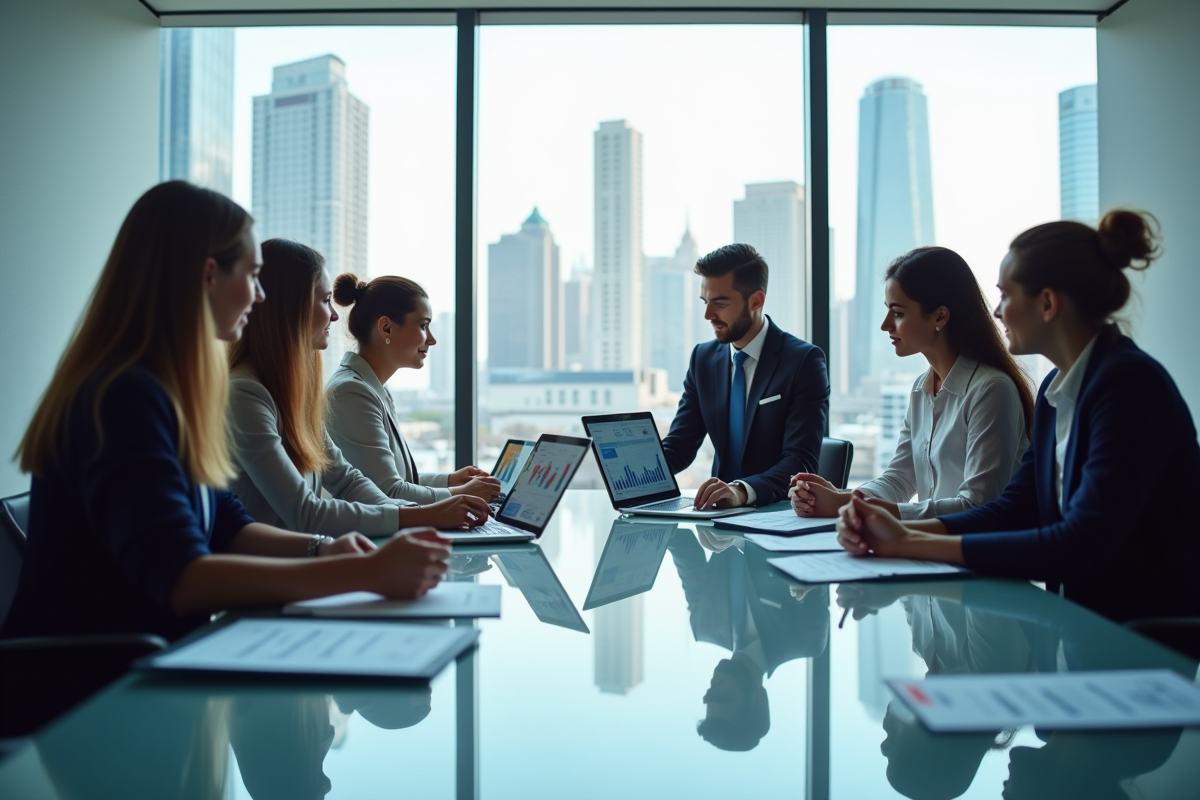 Groupe d'analystes financiers au bureau avec skyline