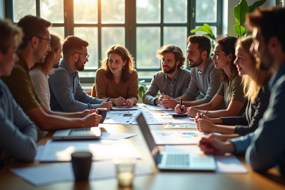 Équipe diverse en brainstorming autour d