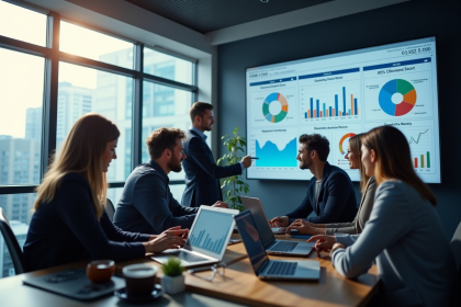 Groupe de professionnels en réunion avec tableau CRM