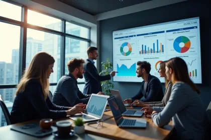 Groupe de professionnels en réunion avec tableau CRM