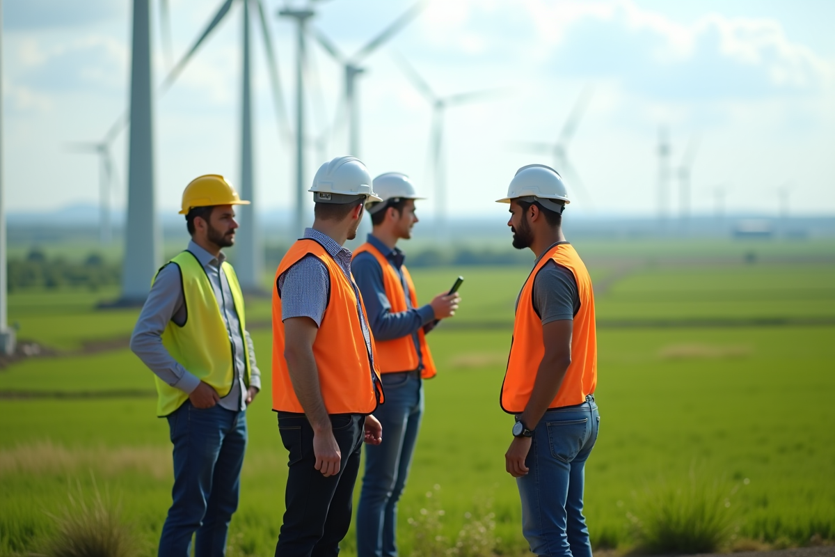 Groupe de professionnels examinant des éoliennes dans la campagne