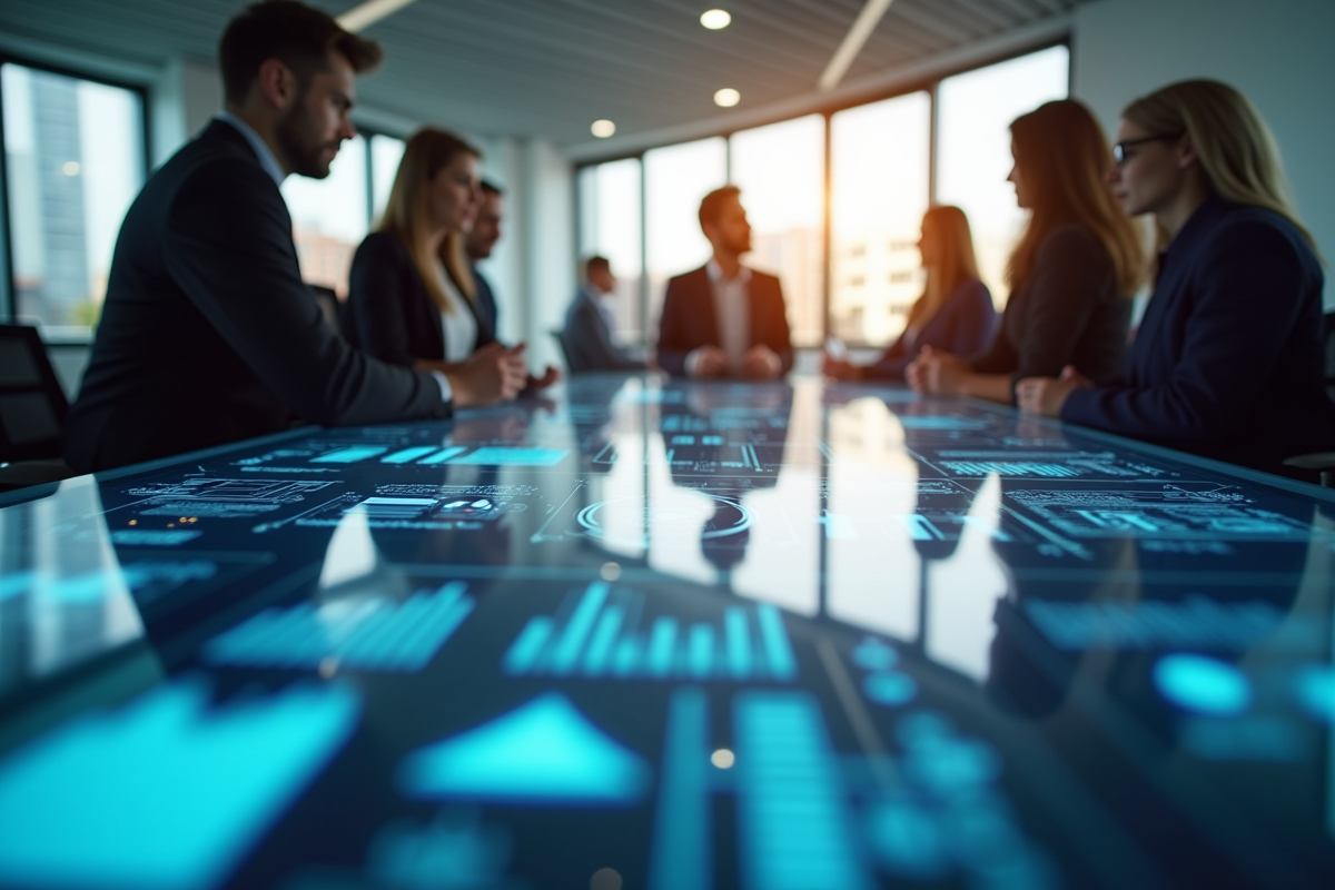 Espace de bureau moderne avec professionnels collaborant autour d'une table numérique