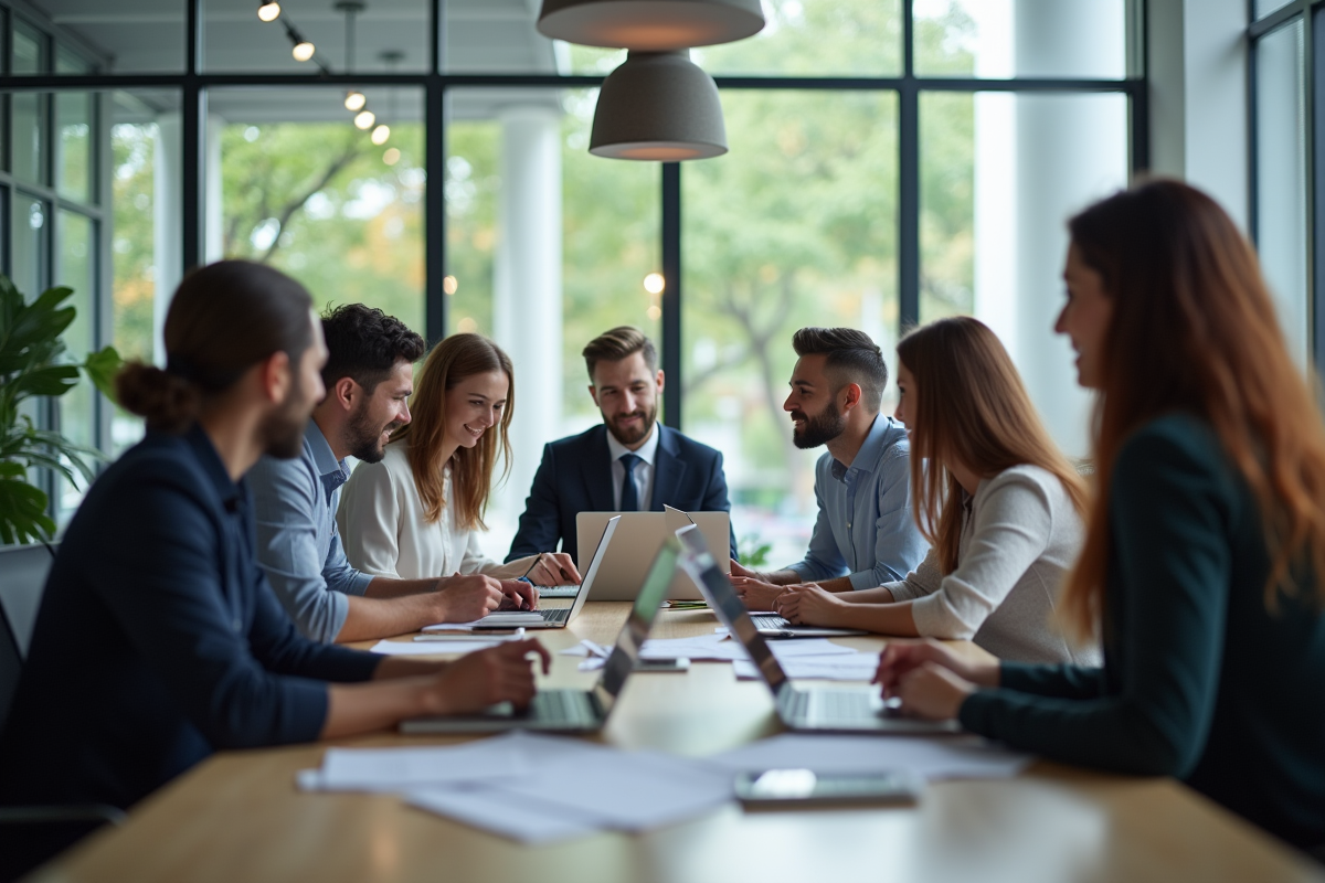 Espace de bureau moderne ouvert avec équipe en réunion