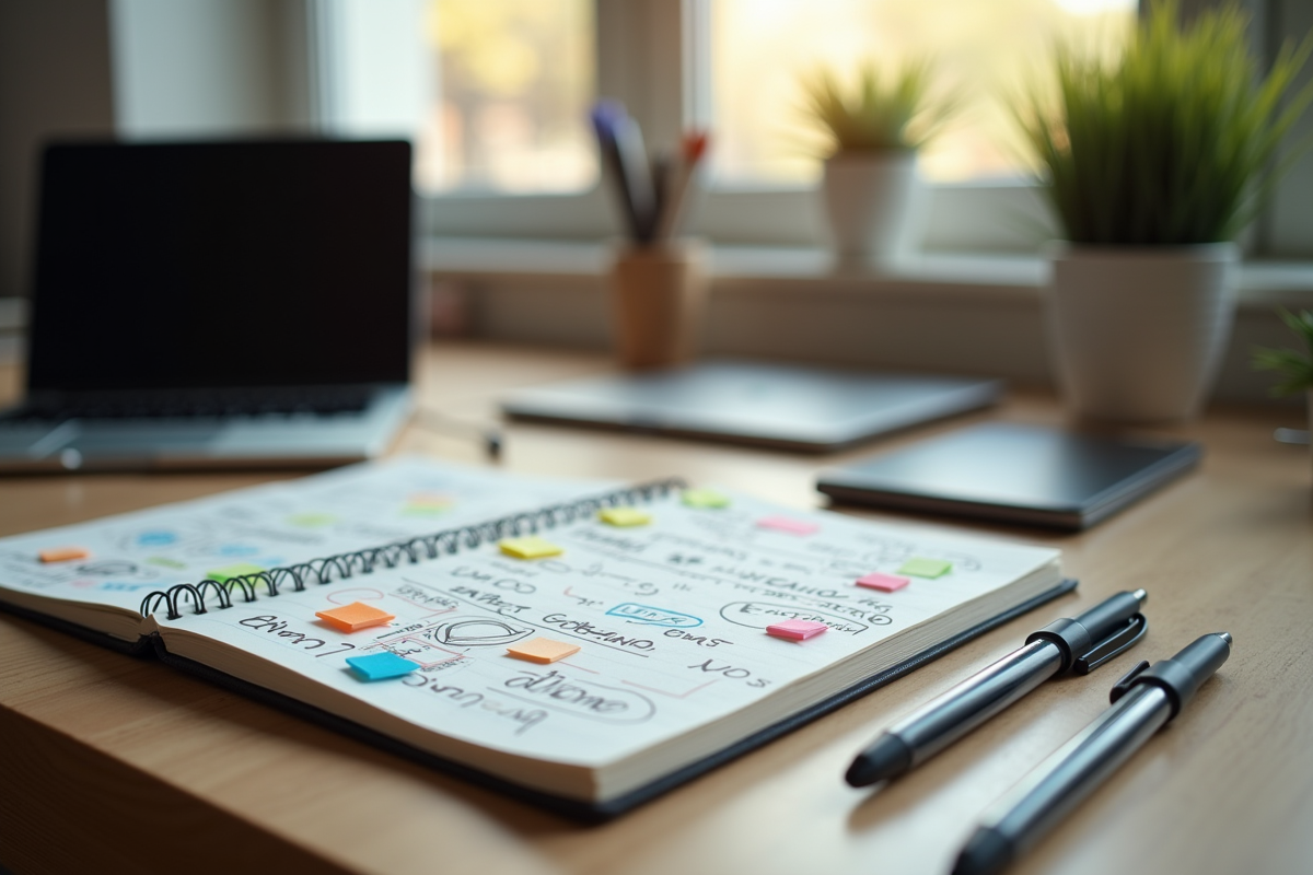 Espace de travail créatif avec carnet et notes colorées