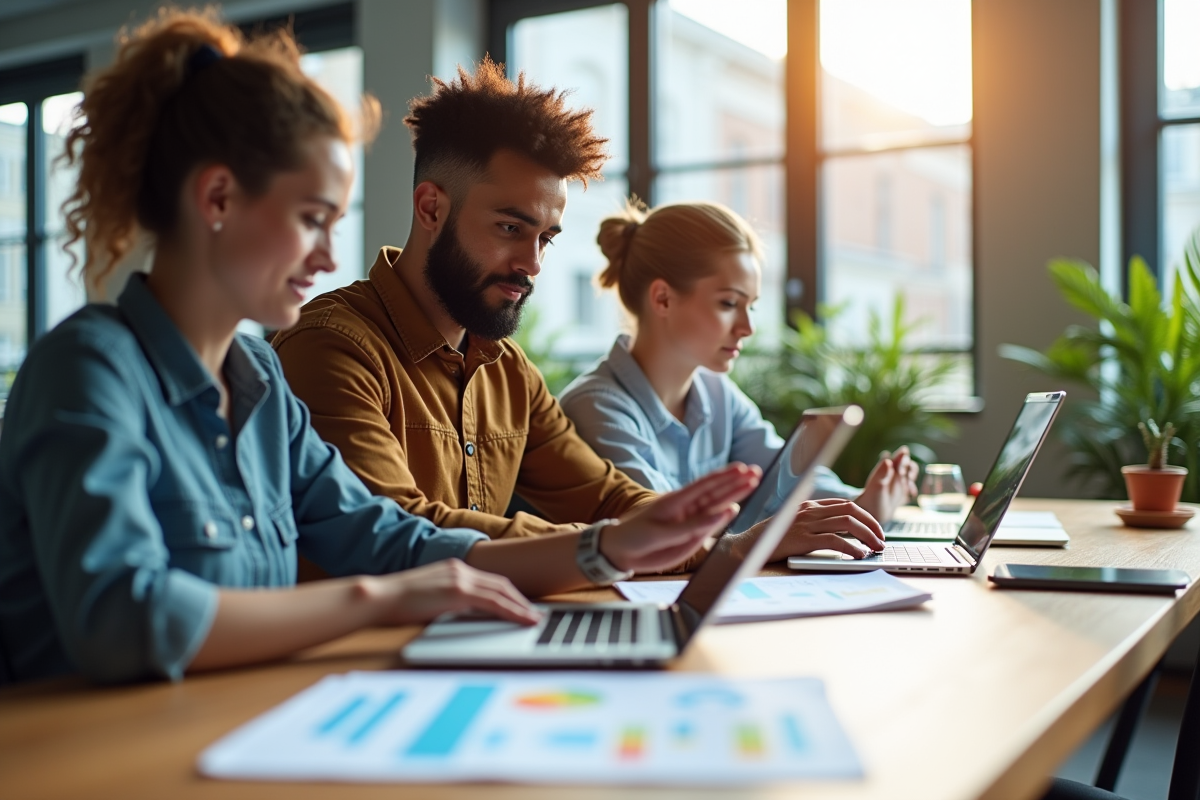 Espace de travail moderne avec équipe marketing analysant des données