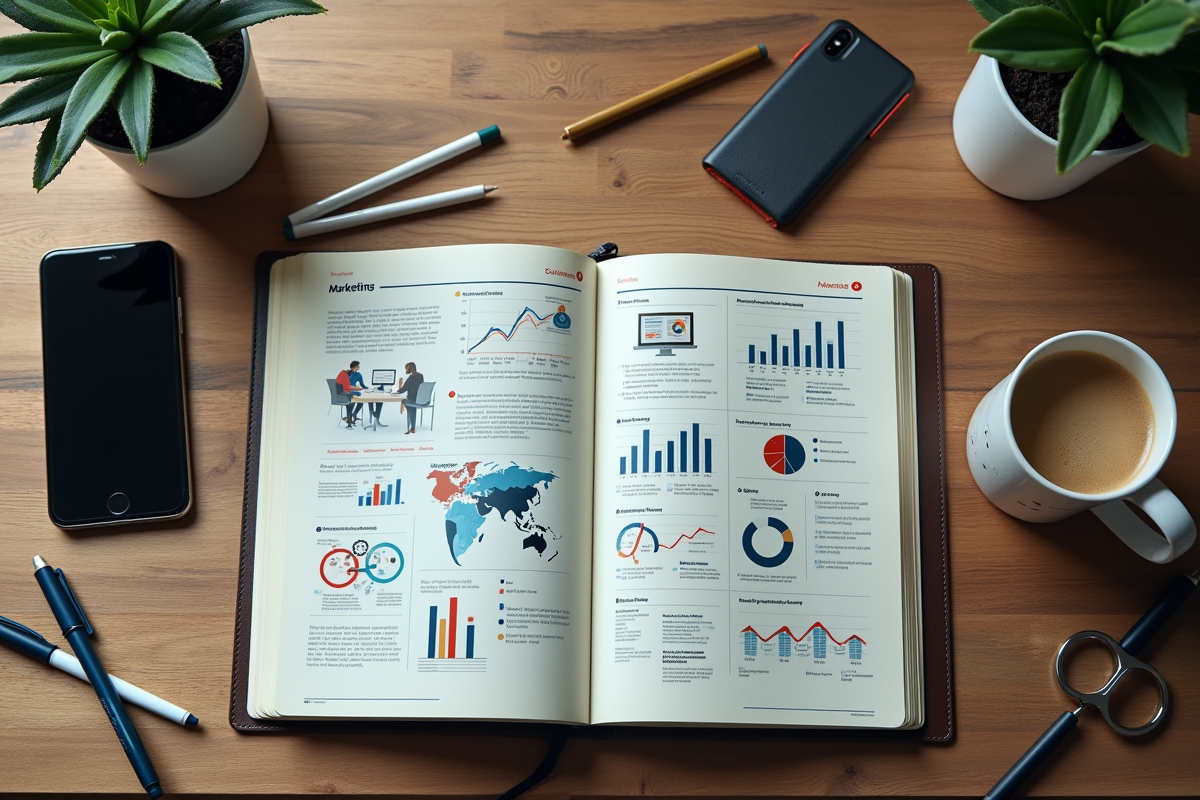 Espace de travail avec stratégie marketing dessinée