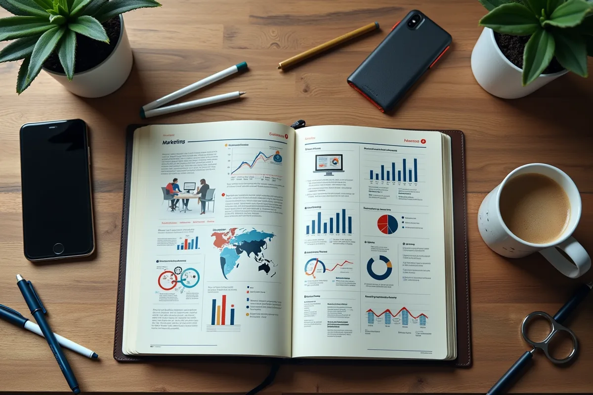 Espace de travail avec stratégie marketing dessinée