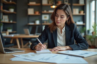 Femme d affaires concentrée en calculs sur un bureau moderne