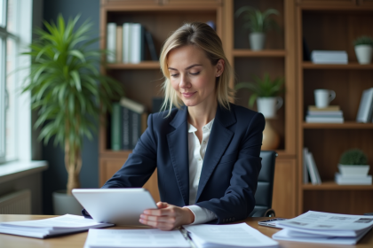 Femme d affaires en costume bleu dans un bureau moderne