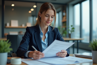 Femme d'affaires en costume bleu analysant des documents