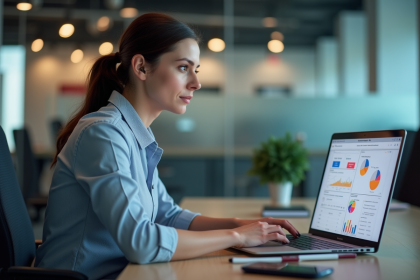 Femme d'affaires analysant des graphiques colorés au bureau