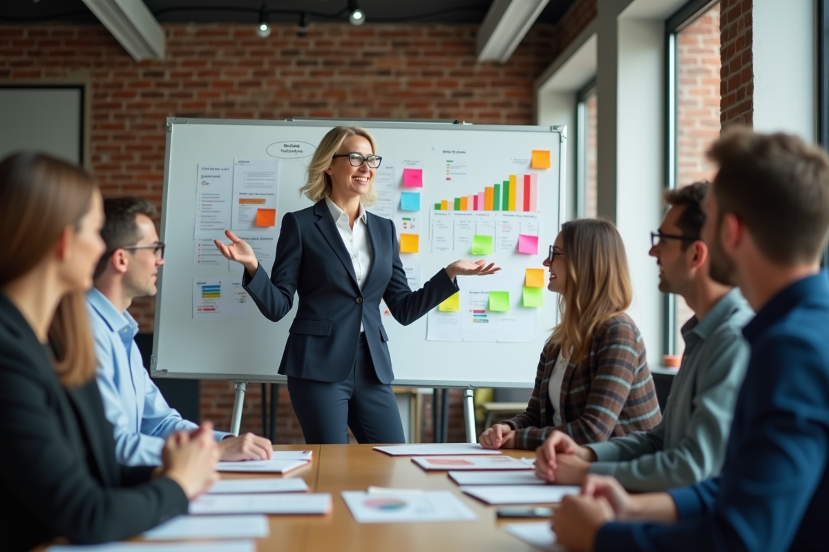 Femme en brainstorming avec collègues dans un espace moderne