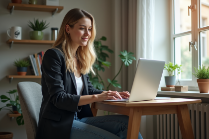 Jeune femme en bureau à domicile travaillant sur son ordinateur