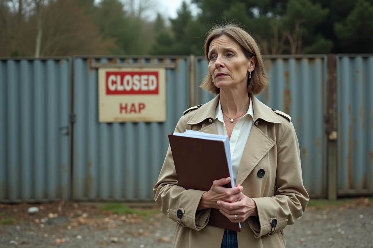Femme avec trench regardant un chantier fermé et usé