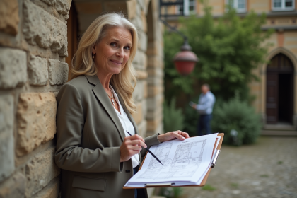 Femme en tenue casual examinant des plans devant un bâtiment ancien