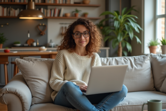 Femme détendue avec ordinateur dans un salon cosy