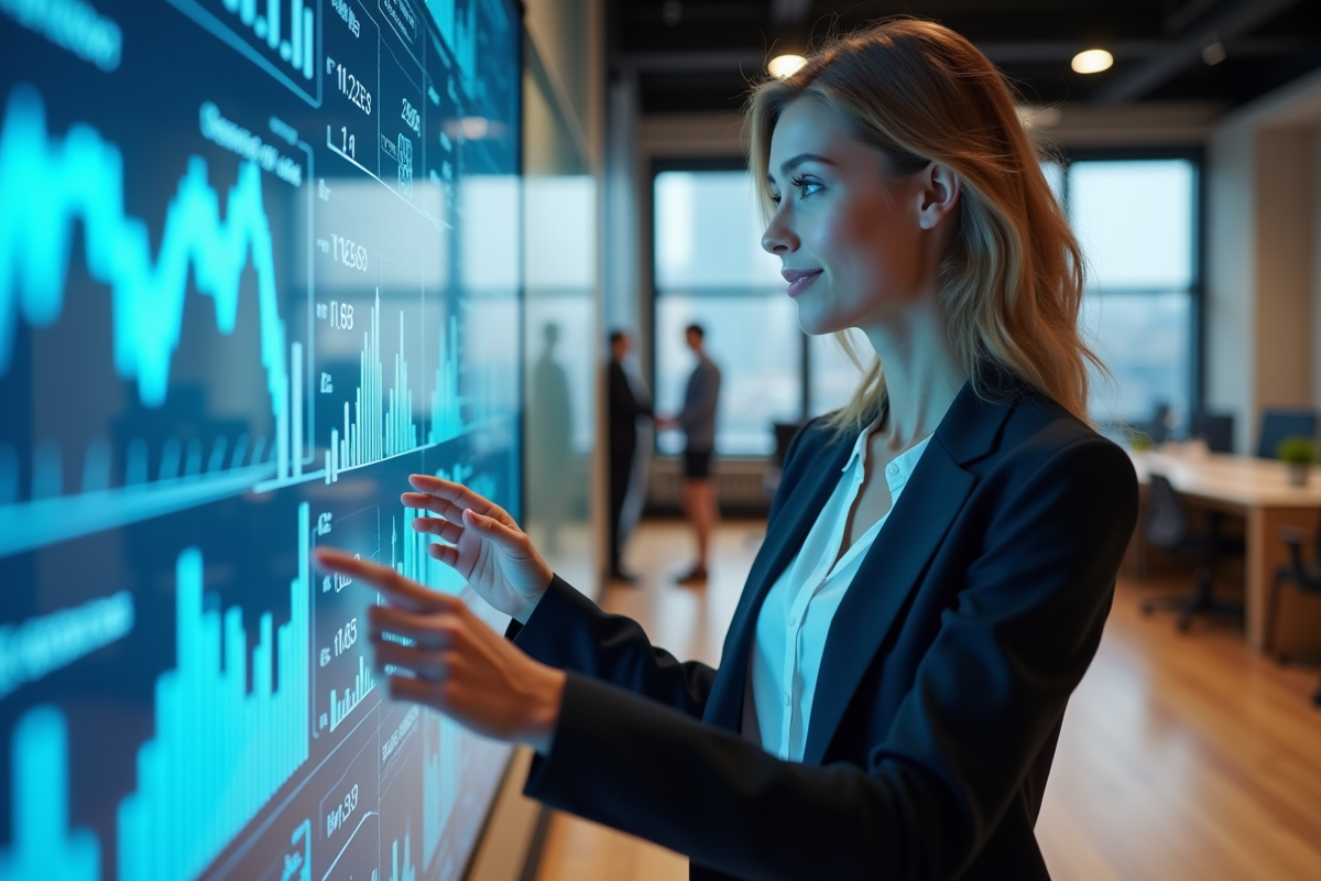Jeune femme devant un écran interactif avec statistiques