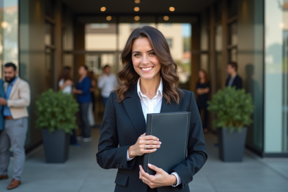 Femme d'affaires souriante devant un bâtiment moderne