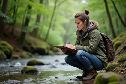 Femme en nature vérifiant la qualité de l'eau